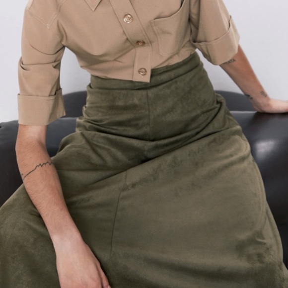Zara Army Green Faux Suede Midi Skirt S XS - Picture 3 of 8
